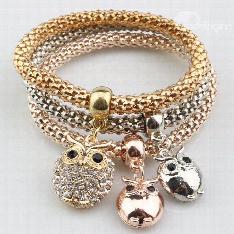Pretty Multi-layers Shining Owl Design Wrap Bracelet