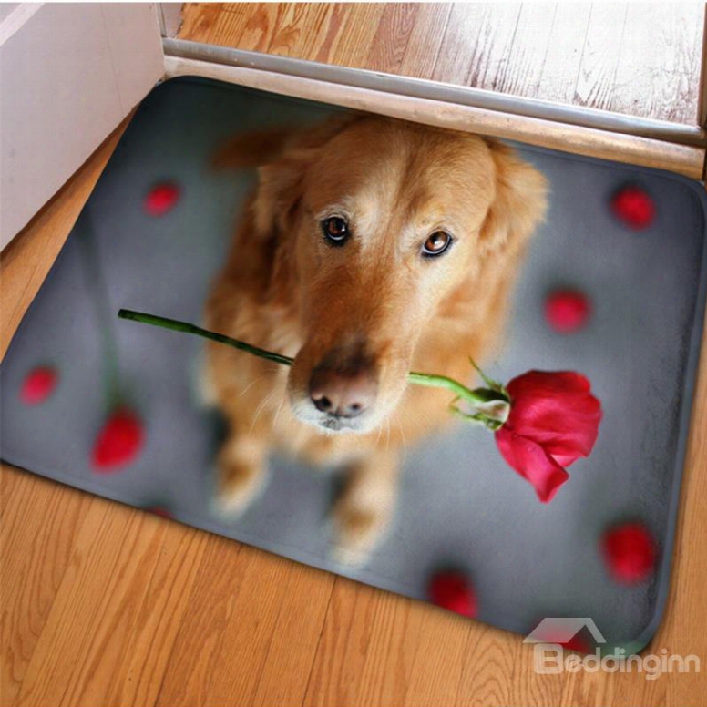 Rectangle Cute Dog With A Rose Print Home Decorative Non Slip Doormat