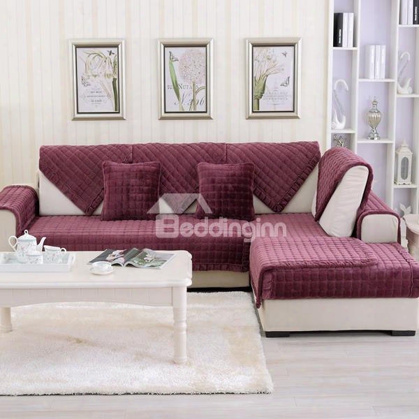 Red Comfortable Thicken Flannel Four Seasons Square Block Design Slip Resistant Sofa Covers