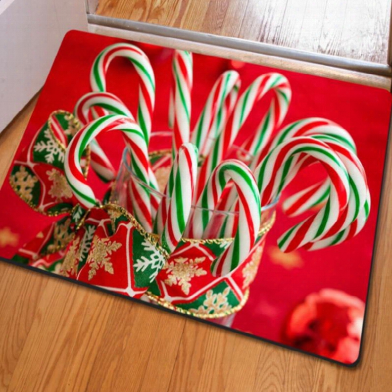 Red Rectangle Cute Candy Pattern Christmas Decorative Non Slip Doormat