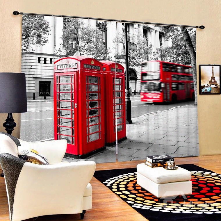 Retro Red Telephone Box And Bus Printing 3d Curtain