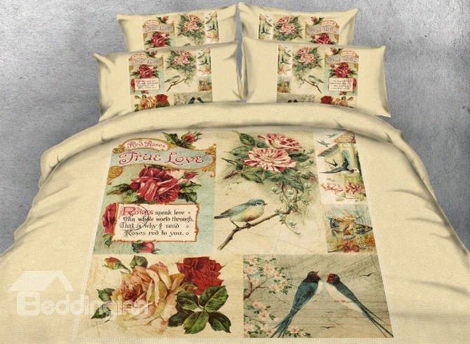 Retro Style Bird And Flower Print 5-piece Comforter Sets