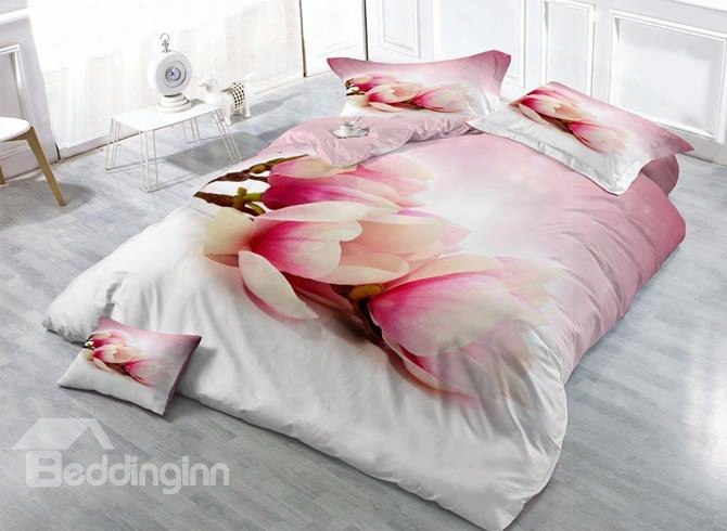 Romantic Pink Magnolia Print Satin Drill 4-piece Duvet Cover Sets