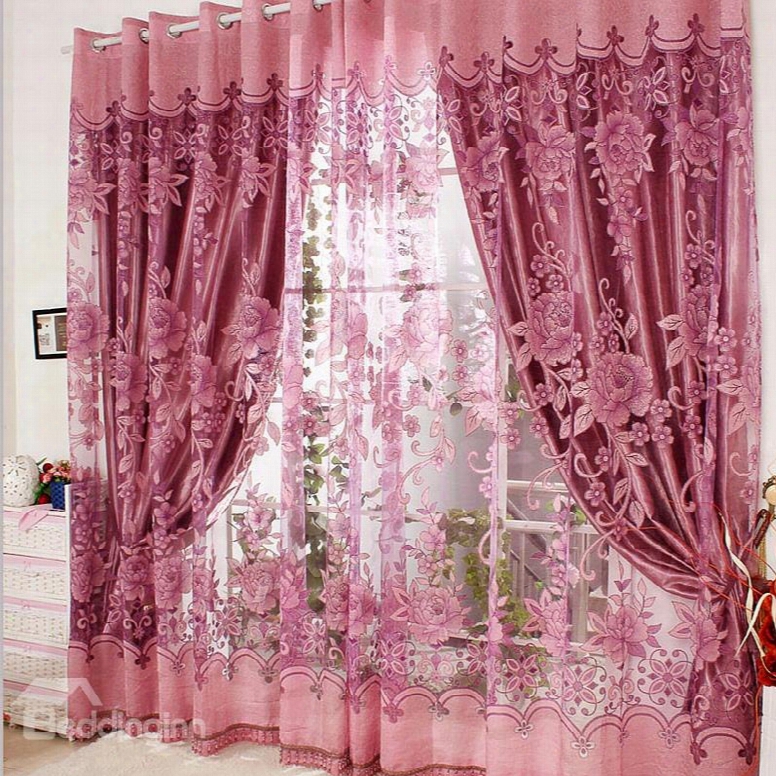 Romantic Pink Purplee Flower Printing Shading Cloth & Sheer Curtain Sets