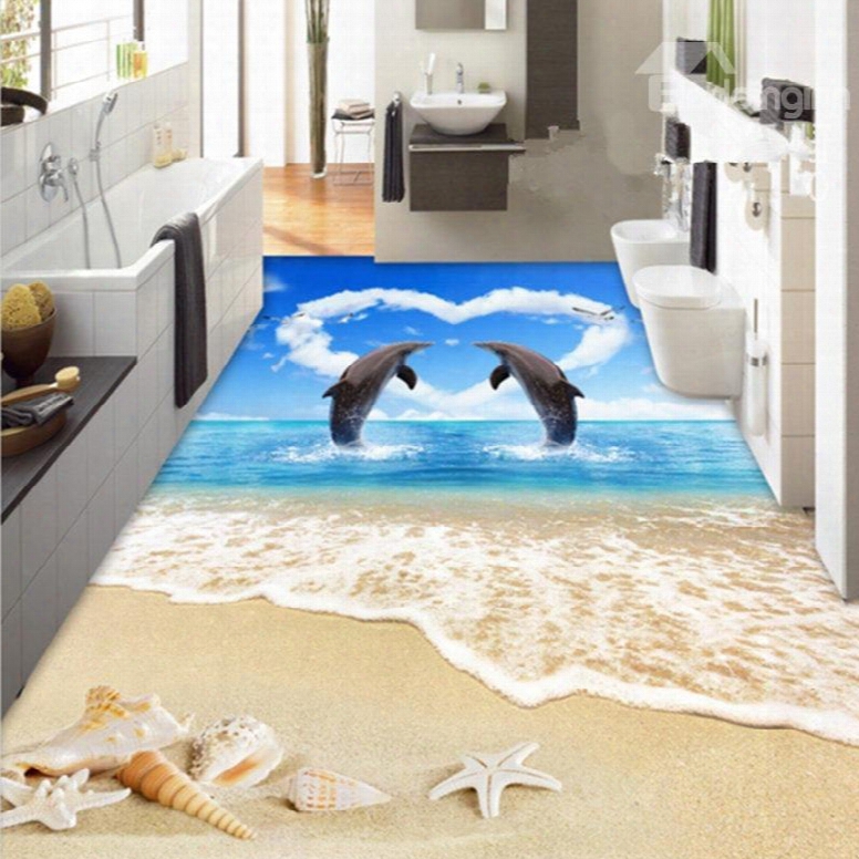 Romantic Two Dancing Dolphins In Heart Shape Cloud By The Sea Waterproof Splicing 3d Floor Murals