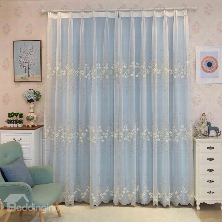 Rustic Floral Embroidery Sheer And Blue Cloth Sewing Together Curtain Sets