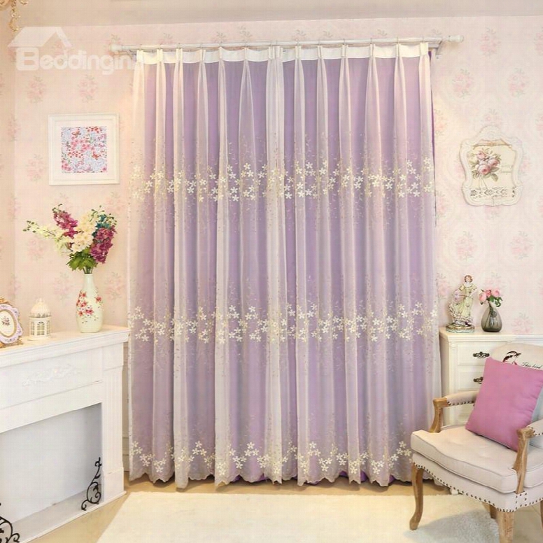 Rustic Floral Embroidery Sheer And Purple Cloth Sewing Together Curtain Sets