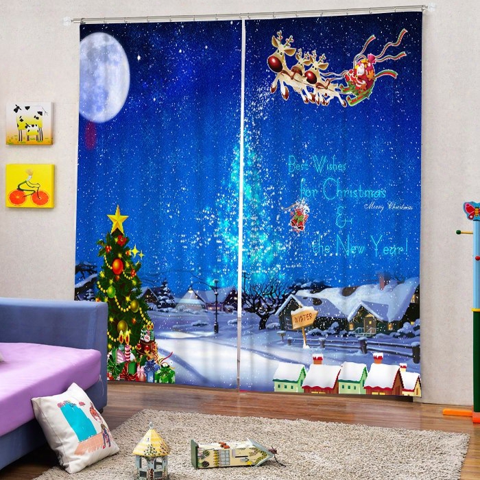 Santa Riding Reindeer In The Sky Printing Christmas Theme 3d Curtain