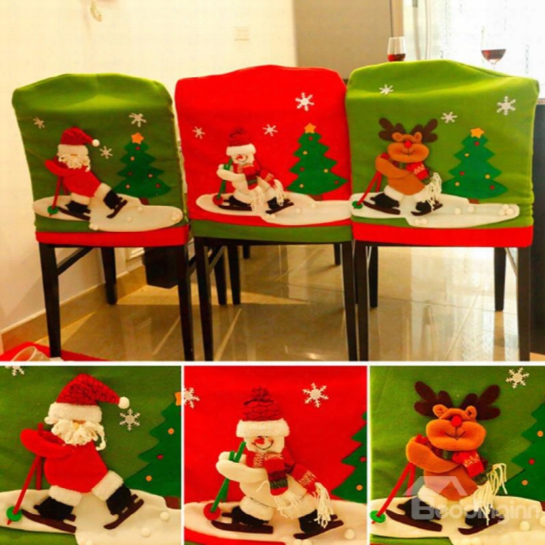 Ski Santa Deer 3d Pattern Christmas Decoration Chair Covers