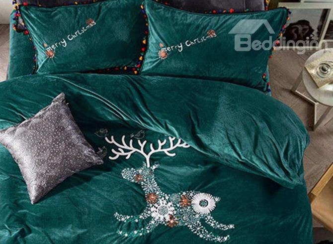 Soft Flannel Christmas Reindeer Embroidery Green 4-piece Duvet Cover Sets