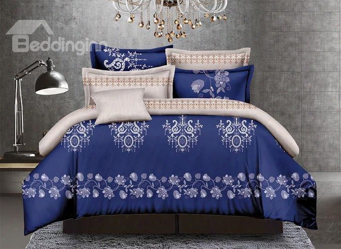 Sophisticated Jacobean Print Dark Blue Polyester 4-piece Duvet Cover Sets