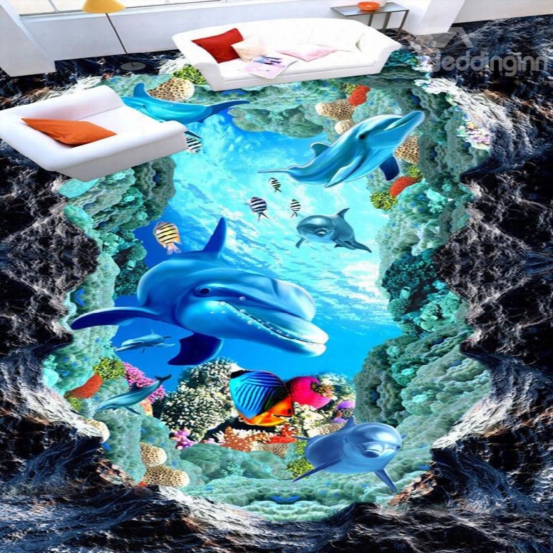 Special Design Dolphins And Fishes In A Broken Hole Wallpaper Splicing Waterproof 3d Floor Murals