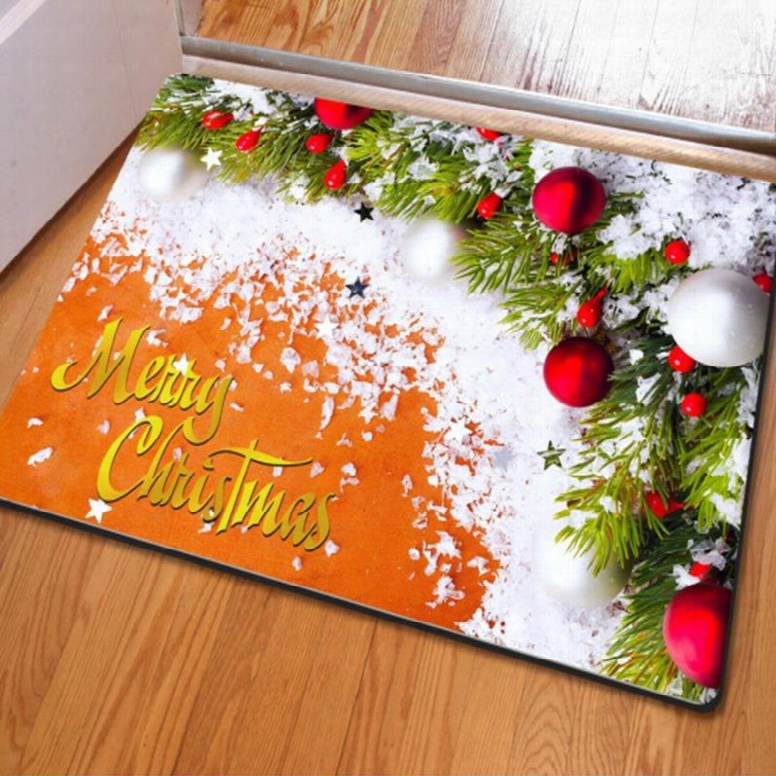 Special Rectangle Christmas Decorative Snow And Red Balls Pattern Non Slip Doormat