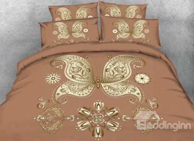 Splendid Golden Butterfly Apricot Print 5-piece Comforter Sets