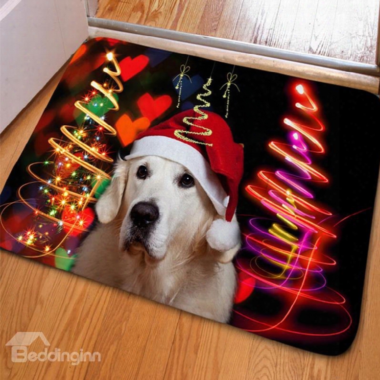 Splendid Rectangle Dog With A Hat Print Christmas Decoration Non Slip Doormat