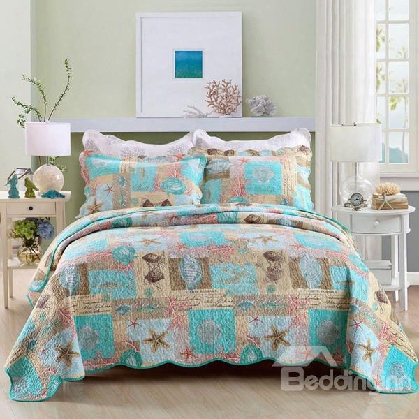 Starfish And Shell Print Coastal Style Cotton 3-piece Bed In A Bag