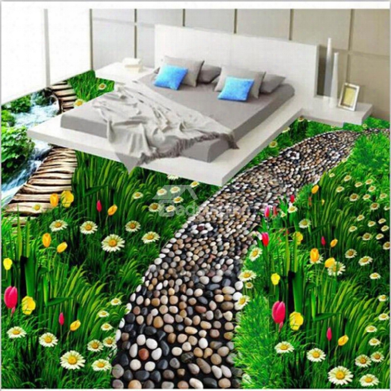 Stunning Green Grasscluster With Beautiful Flowers Pattern Waterproof 3d Floor Murals