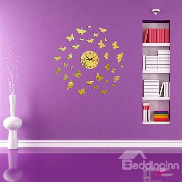 Stylish Round Acrylic Mirror Butterflies Pattern Battery Wall Clock