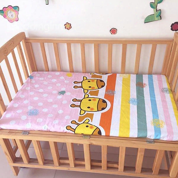 Three Giraffe Print And Stirpes Pattern Baby Crib Fitted Sheet