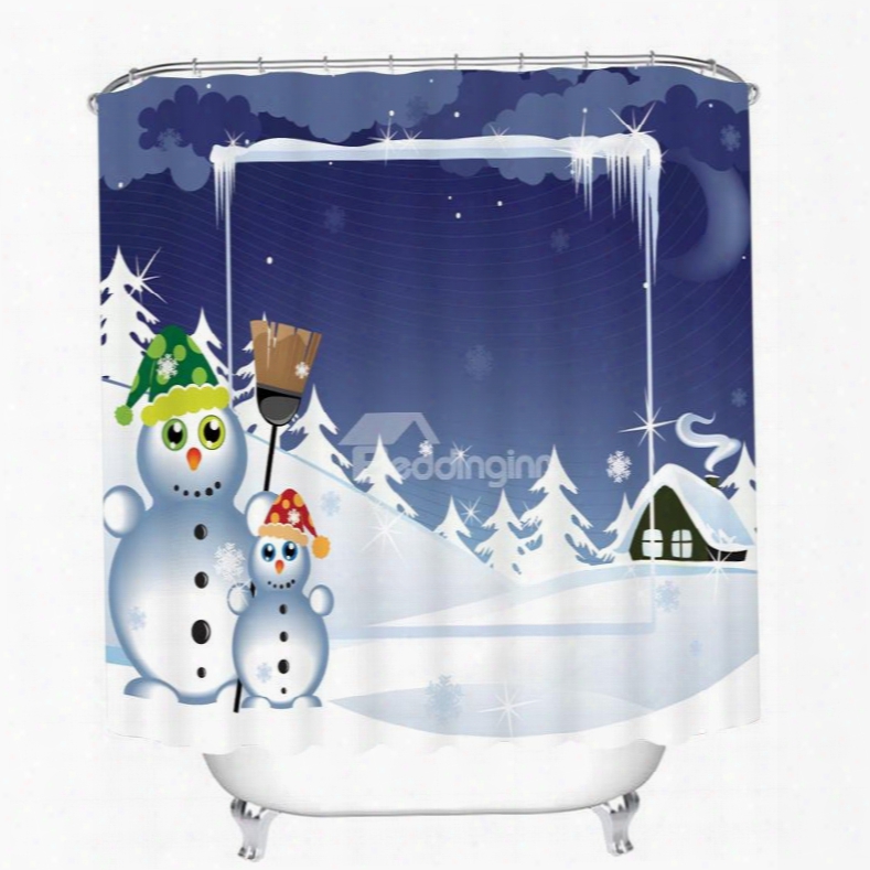 Two Snowmen Playing And Smiling Printing Christmas Theme 3d Shower Curtain