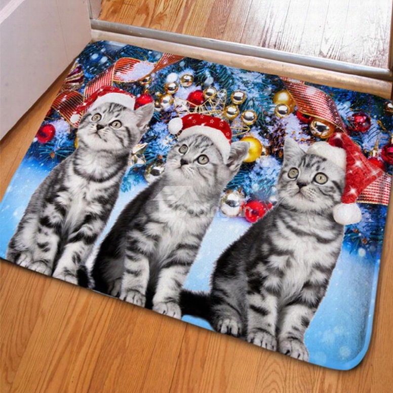 Unique Design Rectangle Three Cute Cats And Jingle Bell Print Non Slip Doormat