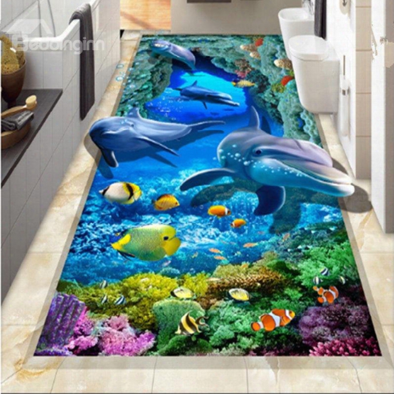 Unique Design Vivid Dolphin And Fish Sea Scenery Waterproof Custom Size 3d Floor Murals