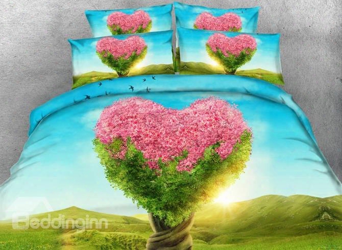 Unqiue Pink Heart-shaped Tree Print 5-piece Comforter Sets