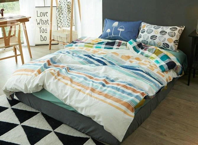 Urban Stripe Print Reversible 4-piece Cotton Duvet Cover Sets