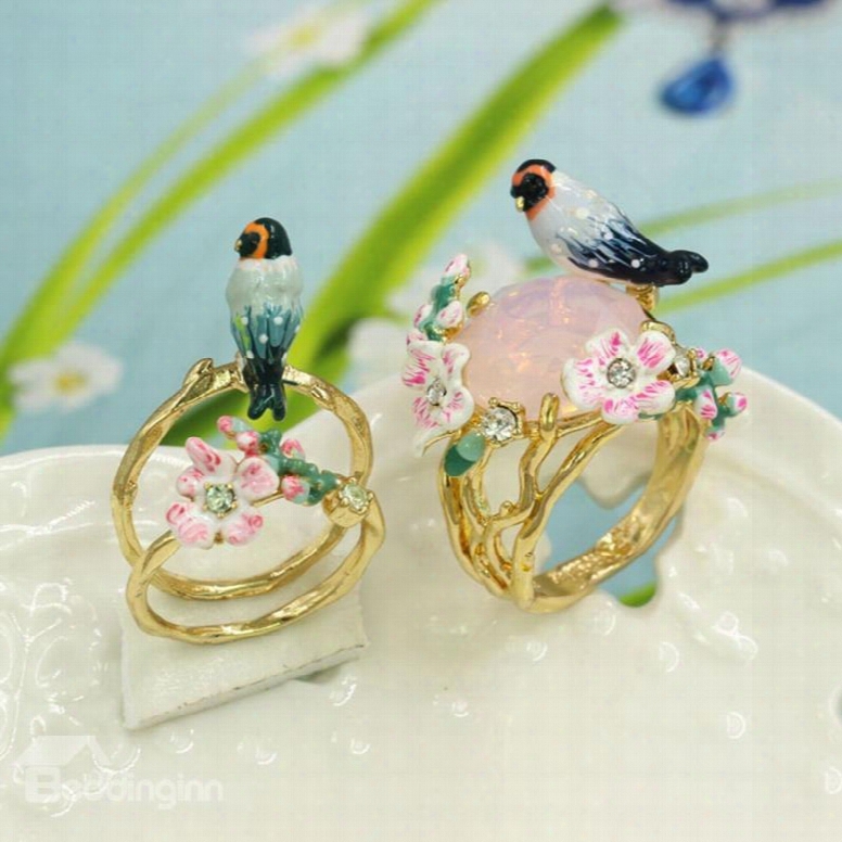 Bright Bird And Flower Design Enamel Glaze Ring
