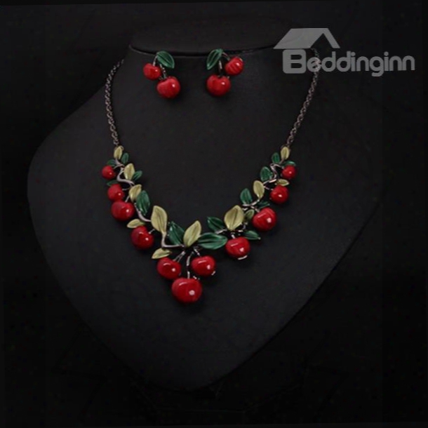 Vivid Cherry Shape Alloy Statement Necklace And Earrings Group