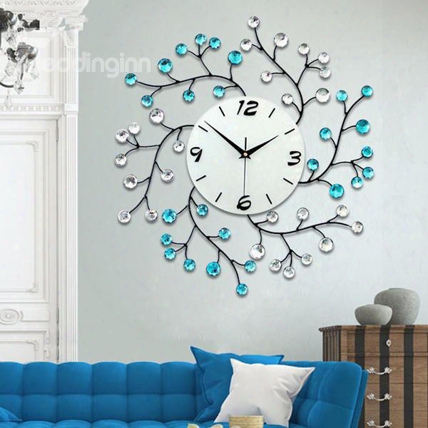 White And Blue Branch With Artificial Diamonds Decoration Iron 9.4 Inches Diameter Wall Clock