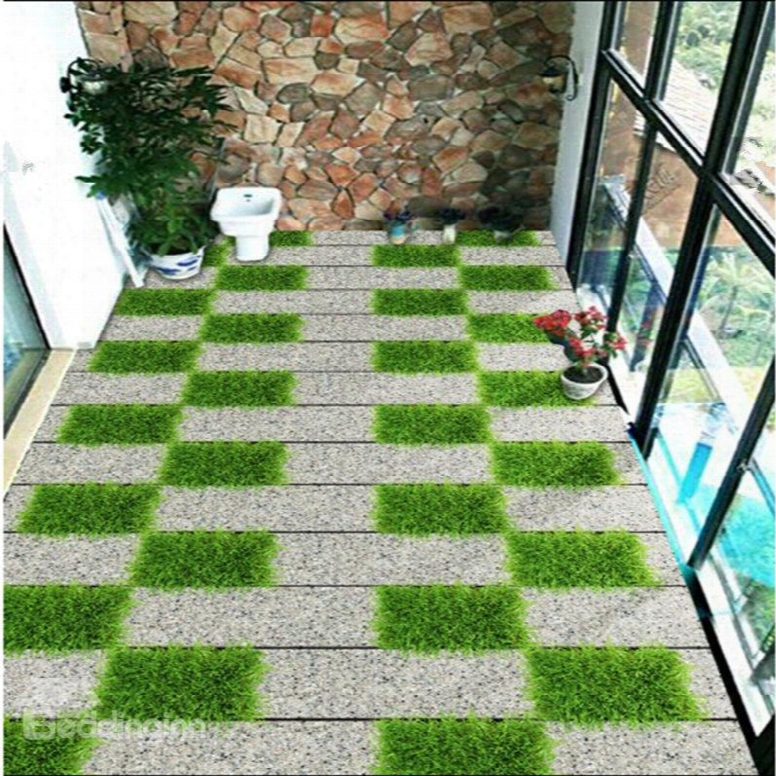 White And Green Grass Grid Pattern Splicing Waterproof Decorative Waterproof 3d Floor Murals