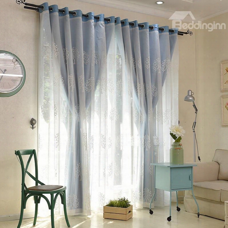 White Tree Embroidered Sheer And Blue Cloth Sewing Together Window Decoration Custom Curtain