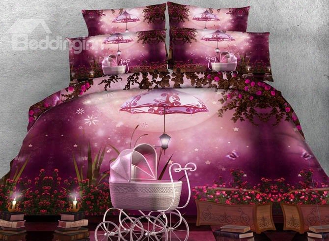 3d Baby Carriage And Fairy Rose Garden Printed Cotton 4-piece Purple Bedding Sets