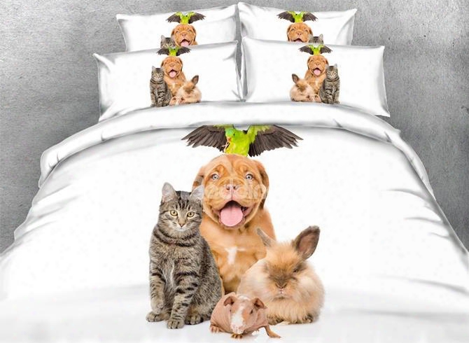 3d Cat And Dog Printed 5-piece White Comforter Sets