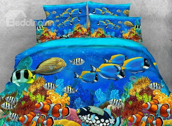 3d Colorful Sea Fish Printed Tencel 5-piece Comforter Sets