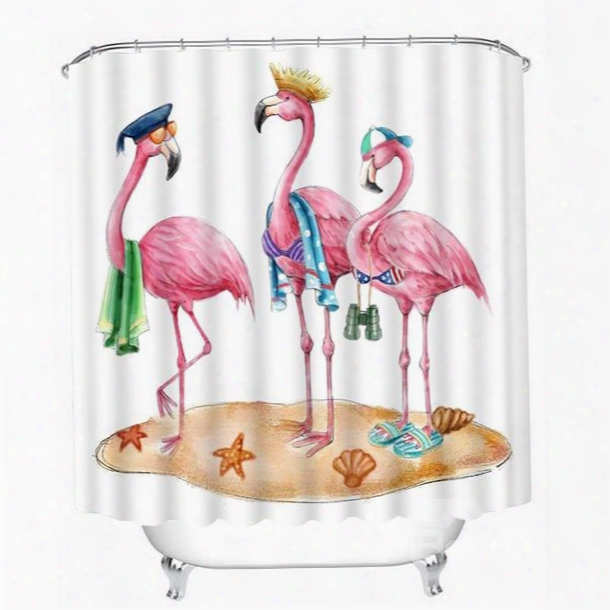 3d Cute Cartoon Flamingos Printed Polyester White Bathroom Shower Curtain