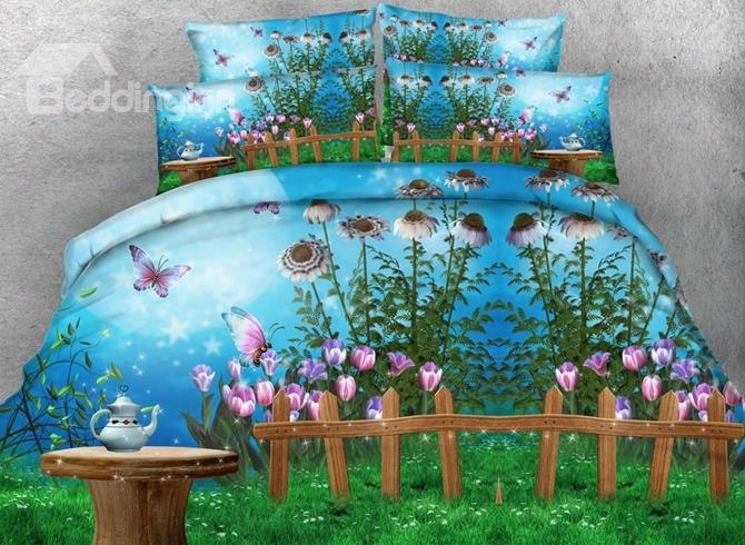3d Fairyland And Butterfly Under The Moonlight Printed Cotton 4-piece Bedding Sets