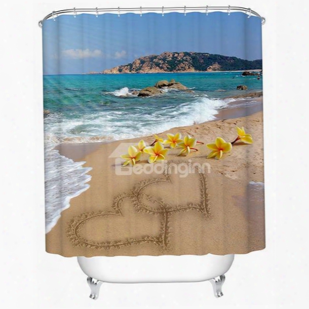 3d Heart Shape Sand Painting On The Beach Printed Polyester Shower Curtain