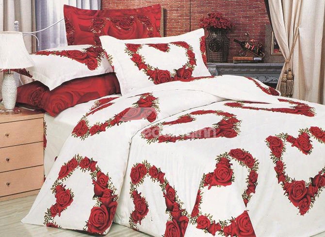 3d Heart-shaped Red Roses Printed Cotton 4-piece White Bedding Sets/duvet Covers