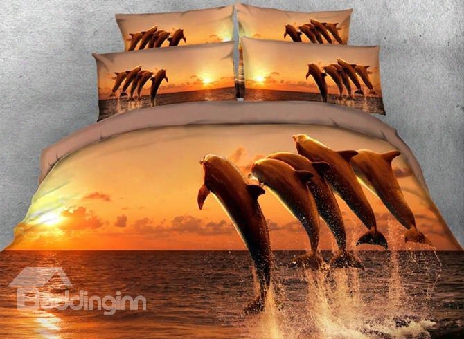 3d Jumping Dolphins In The Sunset Printed Cotton 4-piece Bedding Sets/duvet Covers