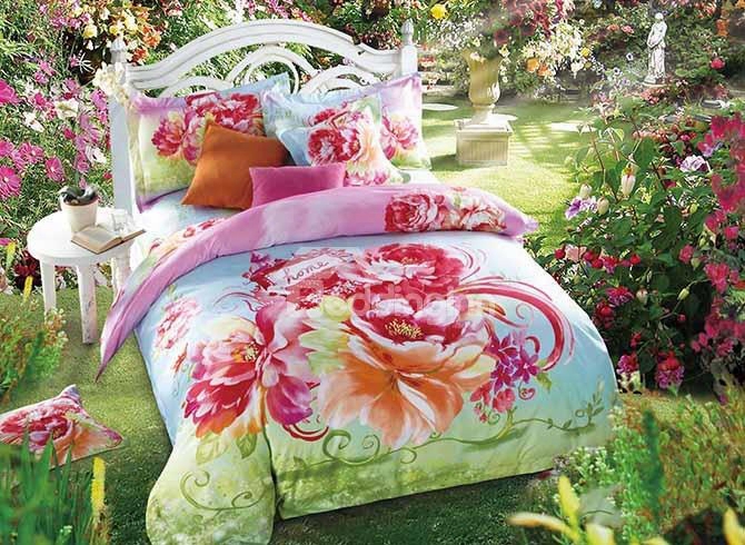 3d Pink Blooming Peonies Printed Cotton 4-piece Blue Bedding Sets/duvet Cover