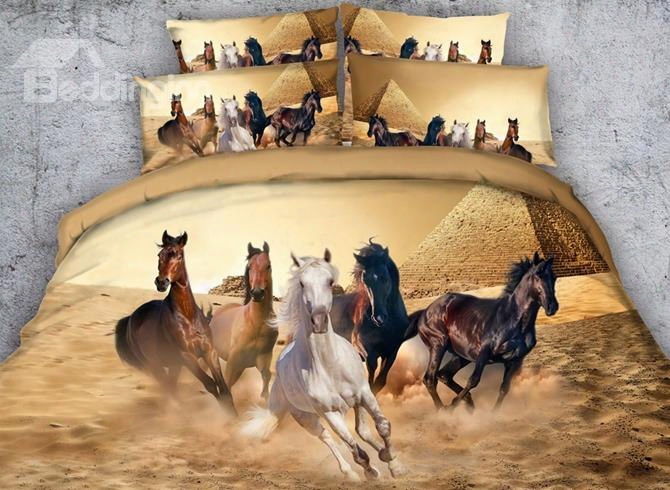 3d Running Horses And The Pyramid Printed 4-piece Bedding Sets/duvet Covers