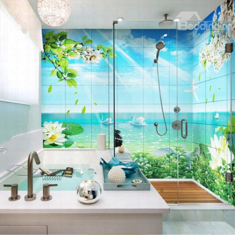 3d Swans In Green Lake Pattern Pvc Wa Terproof Sturdy Self-adhesive Bathroom Wall Murals