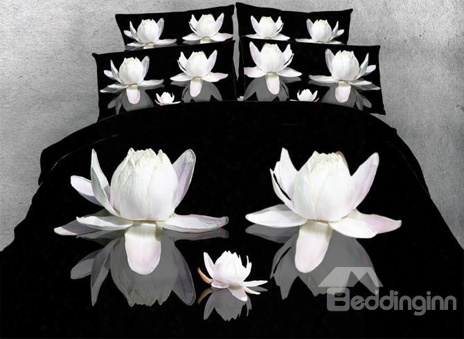 3d White Lotus Printed 5-piece Black Comforter Sets