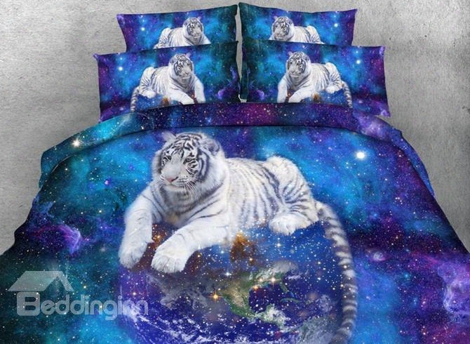 3d White Tiger And Galaxy Printed 5-piece Comforter Sets