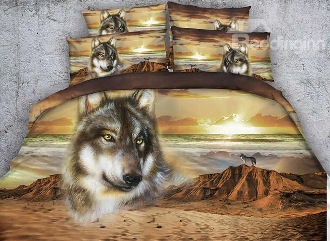 3d Wolf And Mountain Printed Cotton 4-piece Bedding Sets/duvet Covers