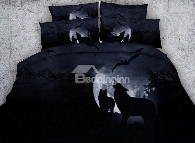 3d Wolf Howling At The Moon Printed Cotton 4-piece Black Bedding Sets