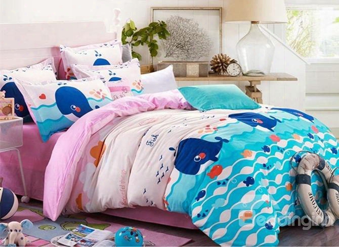 Adorable Cartoon Whale Print 4-piece Cotton Duvet Cover Sets