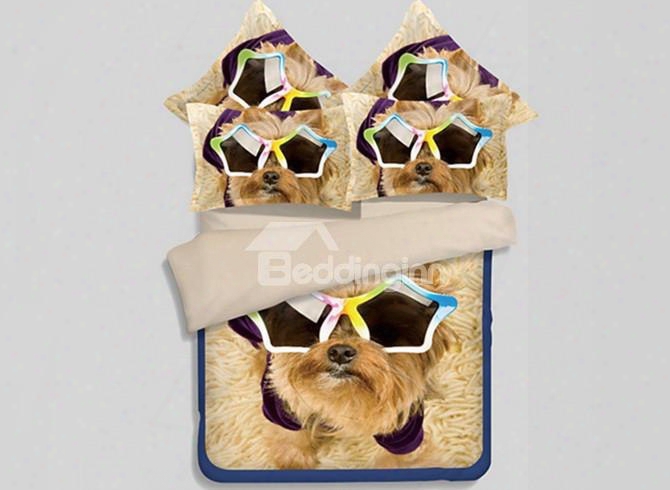Adorable Puppy With Sunglasses Print 4-piece Polyester Duvet Cover Sets